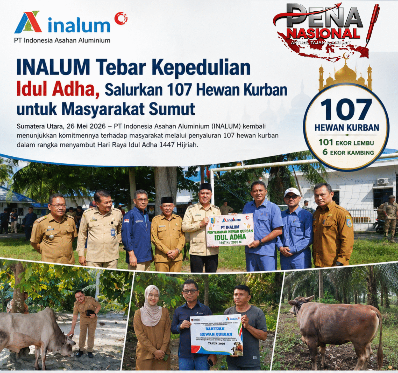 INALUM Tebar Kepedulian Idul Adha, Salurkan 107 Hewan Kurban untuk Masyarakat Sumut