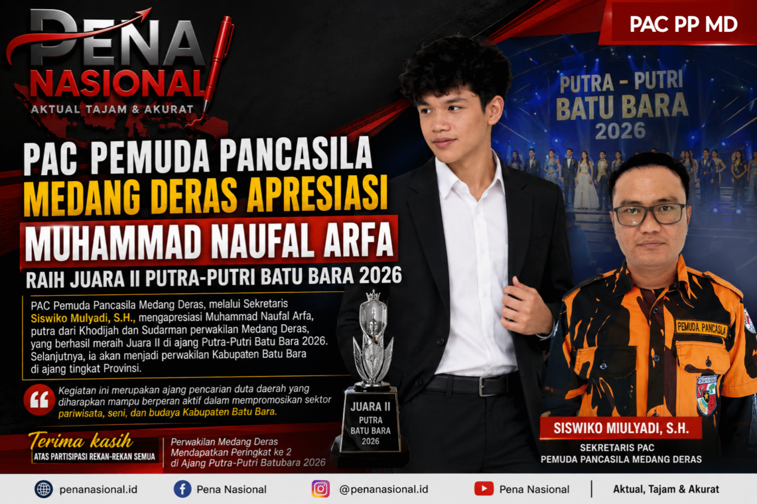PAC Pemuda Pancasila Medang Deras Apresiasi Prestasi Muhammad Naufal Arfa di Ajang Putra-Putri Batu Bara 2026